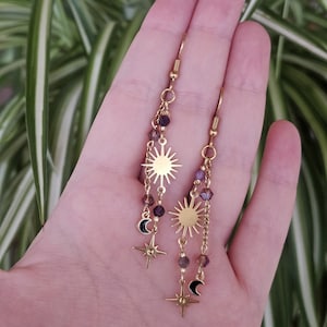 Moon and Star Earrings | Dainty Sparkling Sun Earrings | Celestial Earrings | Gold-Colored, Amethyst, Red Garnet, Indian Agate