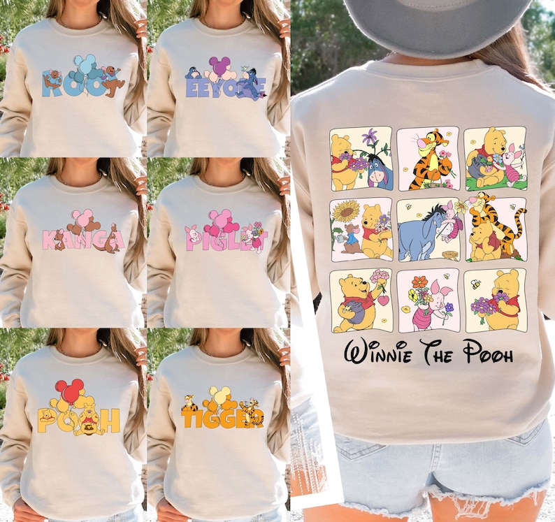 Celebrate the magic of Disney with this Pooh and Friends group sweatshirt, featuring beloved characters like Pooh, Piglet, Tigger, Eeyore, Kanga, and Roo. This cozy crewneck is perfect for family matching outfits at Disney World, Magic Kingdom trips, birthdays, or holidays. Made for warmth and comfort, it’s an ideal gift for fans of the Hundred Acre Wood.