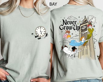Tinker Bell Wendy Peter Pan Flight to Neverland Tee, 2 Sided Retro Peter Pan Never Grow Up Comfort Colors® Shirt, Disneyland Family Trip Tee