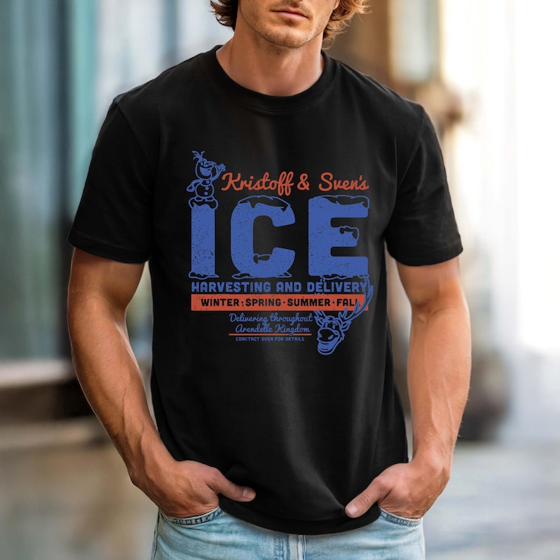 May include: Black t-shirt featuring the text "Kristoff & Sven's ICE" in blue, with a snowman and reindeer graphic. The shirt also includes the text "Harvesting and Delivery" and "Winter, Spring, Summer, Fall."