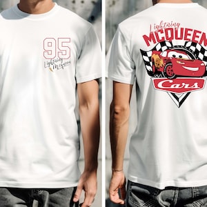 May include: White t-shirt featuring the number 95 and the words "Lightning McQueen" on the front. The back of the shirt displays a graphic of Lightning McQueen from the Cars movie, with the text "Lightning McQueen Cars".