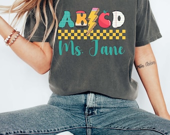Retro ABCD Teacher Name Shirt, Classroom Teacher T-shirt, Custom Teacher Comfort Colors® Shirt, Back To School Tee, First Day Of School Tee