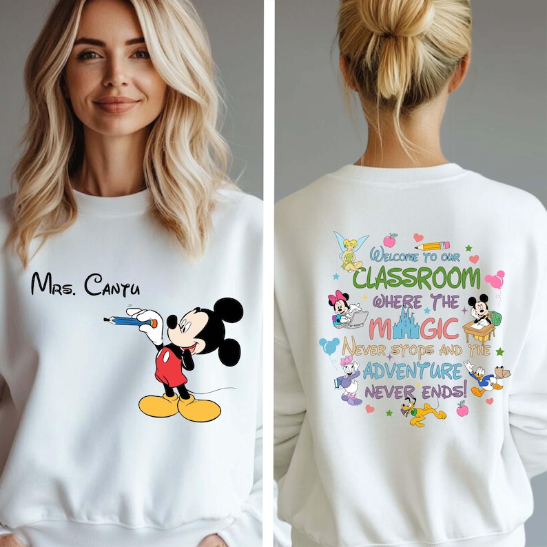 This personalized teacher sweatshirt features a fun Mickey Mouse-inspired design with your custom name. Cozy and soft, it's perfect for back-to-school, classroom style, or Disney trips. A thoughtful gift for any teacher who loves spreading magic and learning!