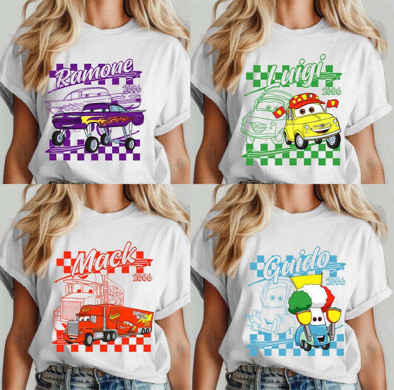 May include: White t-shirts with colorful cartoon car graphics. Each shirt features a different character name: Ramone, Luigi, Mack, and Guido, along with the year 2006. The designs are set against checkered backgrounds.