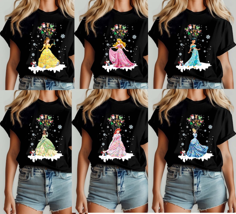 This Disney Princess Christmas shirt features Ariel, Belle, Tiana, Jasmine, Cinderella, and Aurora holding festive holiday balloons. Printed on a cozy Comfort Colors® tee, it's perfect for family trips, group matching, or magical holiday gifts for Disney fans.