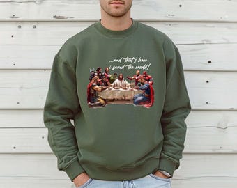 And That's How I saved The World Jesus And Superheroes Sweatshirt, Funny Religion Heroes Hoodie, Sarcastic Jesus Avengers Xmas Crewneck