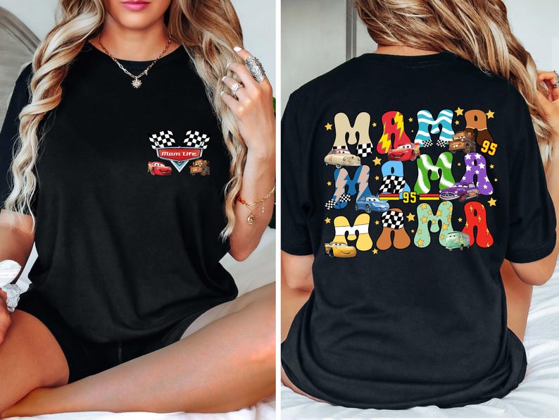 May include: Black t-shirt featuring a pocket design with a checkered flag and race cars. The back of the shirt displays the word "MAMA" in various colors and car designs, along with the number "95".