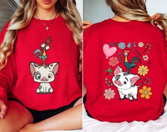 Retro 70s Pua And Hei Hei Floral Sweatshirt, Disney Moana Crewneck, Disneyland Trip Hoodie, Disney Friends Pullover, Cozy Moana Sweater