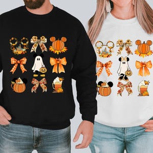 Fall Thanksgiving Crewneck, Disney Mickey Minnie Coquette Ghost Sweatshirt,  Mickey Minnie Couple Hoodie, Autumn Matching Disney Pullover