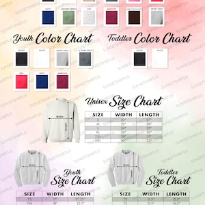 May include: Sweatshirt color and size charts. Adult colors include black, white, sand, dark gray, pink, red, navy, military green, ash, maroon, dark chocolate, and sport gray. Unisex, youth, and toddler size charts are also included.