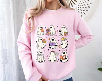 Ghost Reading Books Sweatshirt, Bookish Halloween Crewneck, Halloween Fall Teacher Gift, Librarian Halloween Hoodie, Ghost Pullover