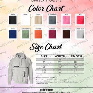 May include: A product image featuring a unisex hoodie color chart and size chart. The color chart displays various colors like black, white, and navy. The size chart shows measurements in inches for width and length, ranging from size S to 3XL.