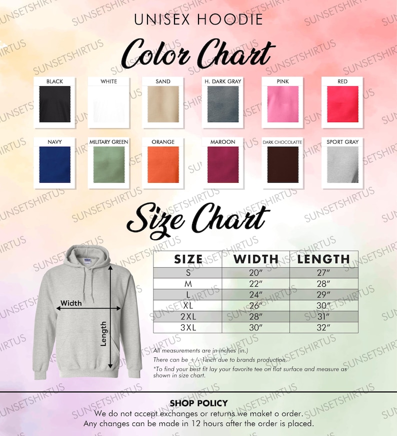 May include: A product image featuring a unisex hoodie color chart and size chart. The color chart displays various colors like black, white, and navy. The size chart shows measurements in inches for width and length, ranging from size S to 3XL.