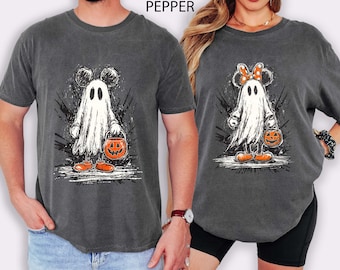 Comfort Colors® Retro Mickey Minnie Halloween Couple Shirts, Disney Halloween T-Shirt, Spooky Season Shirt, Mouse Ghost Shirt