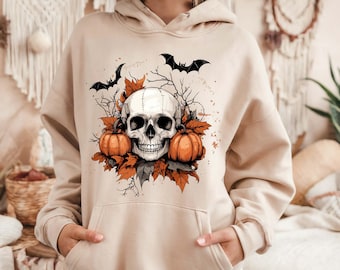 Gothic Halloween Skull Hoodie, Creepy Sweatshirt, Vintage Skull Bat Pumpkin Sweatshirt, Halloween Night Hoodie, Spooky Women Pullover