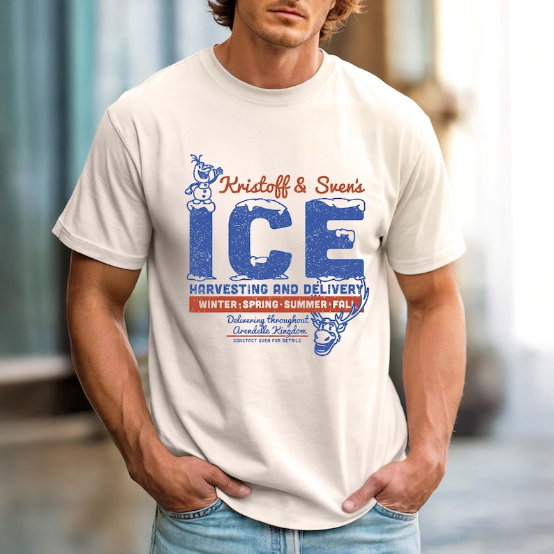 This Frozen-themed Kristoff & Sven Ice Harvesting & Delivery shirt features a vintage-style work logo on a Comfort Colors® tee. A perfect Disney gift for men or Frozen fans, great for Walt Disney World trips or family matching outfits.