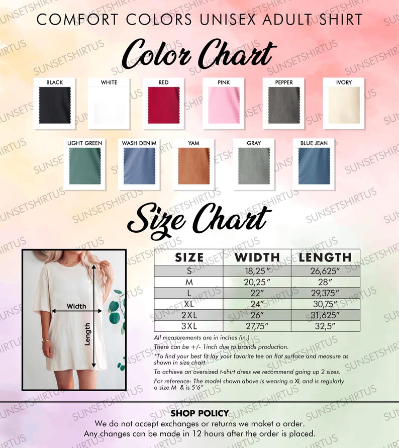 Puede incluir: Una tabla de colores y una tabla de tallas para una camiseta unisex para adultos. La tabla de colores muestra muestras de negro, blanco, rojo, rosa, pimienta, marfil, verde claro, mezclilla lavada, &ntilde;ame, gris y azul vaquero. La tabla de tallas muestra las medidas en pulgadas para las tallas S, M, L, XL, 2XL y 3XL.