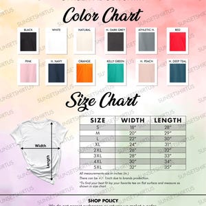 Puede incluir: Tabla de colores y tallas para camisetas unisex para adultos. La tabla de colores muestra varios colores de camisetas, incluyendo negro, blanco y rojo. La tabla de tallas muestra medidas en pulgadas, con tallas de S a 5XL, y anchos de 45.7 a 81.3 cm.