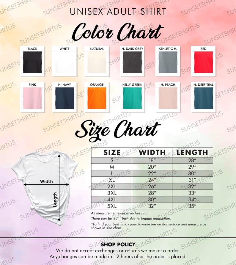 Puede incluir: Tabla de colores y tallas para camisetas unisex para adultos. La tabla de colores muestra varios colores de camisetas, incluyendo negro, blanco y rojo. La tabla de tallas muestra medidas en pulgadas, con tallas de S a 5XL, y anchos de 45.7 a 81.3 cm.