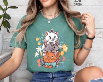 Vintage 70s Aristocats Comfort Colors Shirt, Floral Marie Berlioz Toulouse Tee, Disney Cats T-shirt, Magic Kingdom Trip, Disneyland Outfit