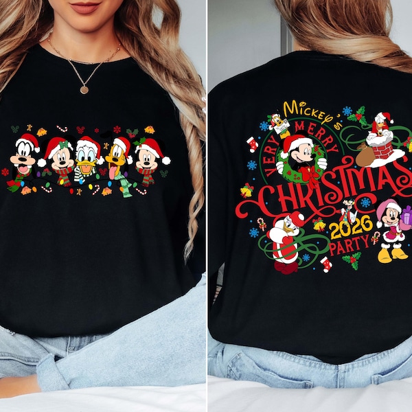 Mickey's Very Merry Christmas Party 2026 Long Sleeve or Women v-neck Shirt, Disney Santa Mickey And Friends Family Christmas Lights Shirt