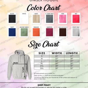 Puede incluir: Imagen de una sudadera con capucha unisex con una tabla de colores y una tabla de tallas. La tabla de colores muestra varios colores como negro, blanco y azul marino. La tabla de tallas muestra medidas en pulgadas y cm, desde la talla S hasta la 3XL.