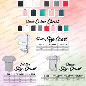 Puede incluir: Una tabla de productos con muestras de color y gu&iacute;as de tallas para camisetas de j&oacute;venes, ni&ntilde;os peque&ntilde;os y monos. La tabla incluye opciones de color como negro, blanco y rosa, junto con medidas en pulgadas para varios tama&ntilde;os.