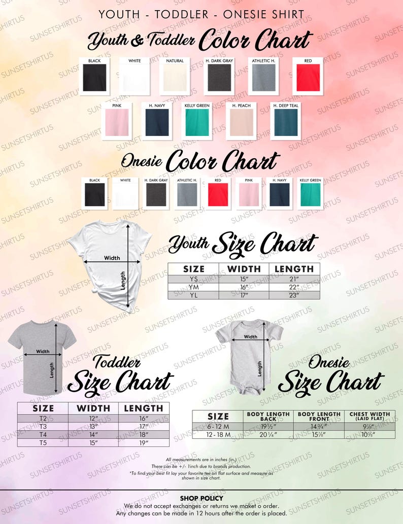 Puede incluir: Una tabla de productos con muestras de color y gu&iacute;as de tallas para camisetas de j&oacute;venes, ni&ntilde;os peque&ntilde;os y monos. La tabla incluye opciones de color como negro, blanco y rosa, junto con medidas en pulgadas para varios tama&ntilde;os.