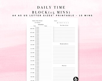 Minimalist Daily Time Block Planner – 15 Minute Intervals, Printable Schedule (A4, A5, US Letter)