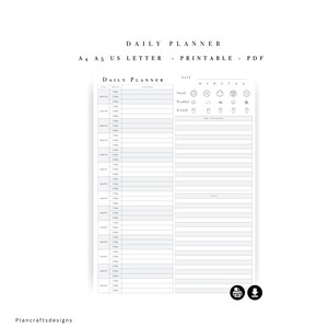 May include: A black and white daily planner template featuring a vertical hourly schedule from 6:00 AM to 9:00 PM, a date field, mood and weather trackers, water intake icons, a top priorities section, and a notes area, labeled Daily Planner.