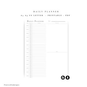 May include: A white daily planner template with black text. The header reads DAILY PLANNER, A4 A5 US LETTER - PRINTABLE - PDF. The layout includes a time schedule column, an to-do list section, and a notes section. The text Plancraftsdesigns is at the bottom.