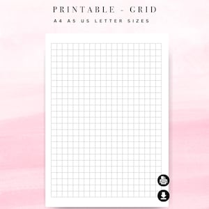 May include: A printable grid paper design with a white background and a grid pattern. The text "PRINTABLE - GRID" is at the top, with "A4 A5 US LETTER SIZES" below it. Includes a printer and download icon.