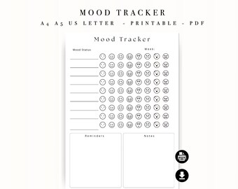 May include: A white printable mood tracker with the text "MOOD TRACKER" at the top. The tracker includes sections for mood status, week, reminders, and notes. Smiley faces represent different moods. The document is available in A4, A5, and US Letter sizes.