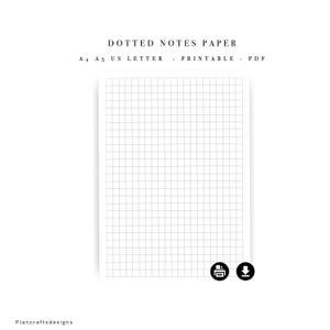 May include: A white sheet of paper with a black grid pattern. The text at the top reads DOTTED NOTES PAPER A4 A5 US LETTER - PRINTABLE - PDF. Below the grid are two black circular icons, one depicting a printer and one a download arrow.
