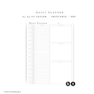 May include: A white daily planner page with black text featuring a schedule column with hourly time slots, a top priorities section, a to-do list area, and a notes section. The text reads Daily Planner, A4, A5, US Letter, Printable, PDF.