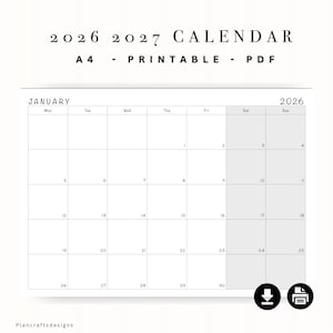 Könnte beinhalten: Ein druckbarer PDF-Kalender für 2026 und 2027 mit monatlichem Layout. Der Januar 2026 Kalender wird angezeigt, mit einem Raster von Daten und dem Text "2026 CALENDAR A4 - PRINTABLE - PDF". Das Design ist minimalistisch mit weißem Hintergrund.