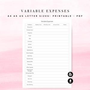 Puede incluir: Documento PDF imprimible titulado "Gastos variables" con una tabla para el seguimiento de costes. Las categorías incluyen salir a comer, compras y servicios públicos. Disponible en tamaños A4, A5 y US Letter. Incluye secciones para costes semanales, mensuales y anuales.