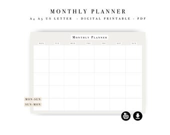 Agenda mensuel imprimable - Programme horaire minimaliste, A4/A5/US Letter (téléchargement numérique)