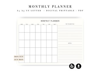Agenda mensuel minimaliste - Calendrier de productivité, A4/A5/US Letter (téléchargement numérique)