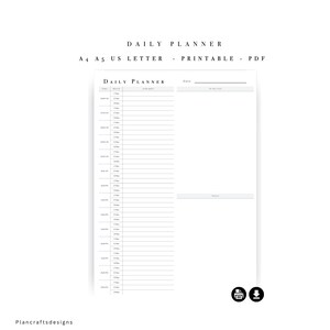 May include: A white daily planner page with black text featuring a schedule column with time slots, a date line, a to-do list section, and a notes section. The text reads DAILY PLANNER, A4 A5 US LETTER - PRINTABLE - PDF, and Plancraftsdesigns.