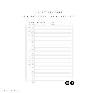 May include: A daily planner template in black and white with the text DAILY PLANNER, A4 A5 US LETTER - PRINTABLE - PDF. The document features a schedule layout with columns for time, block, and schedule, including a line for the date at the top.