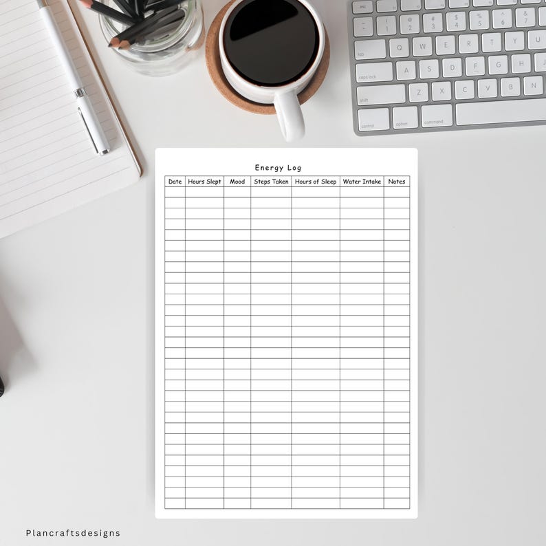 May include: A white paper energy log tracker with a grid layout featuring columns for Date, Hours Slept, Mood, Steps Taken, Hours of Sleep, Water Intake, and Notes. The header reads Energy Log in a simple black font on a clean white background.