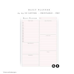 May include: A printable daily planner PDF template featuring sections for Daily Tasks with hourly slots from 6 AM to 10 PM, Top 3 Priorities, To Do List, Appointments, Reminders, and Notes. The text reads Daily Planner, A4 A5 US Letter - Printable - PDF.