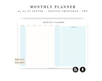 Modèle d'agenda mensuel - Programme horaire minimaliste (A4, A5, lettre US) (téléchargement numérique)