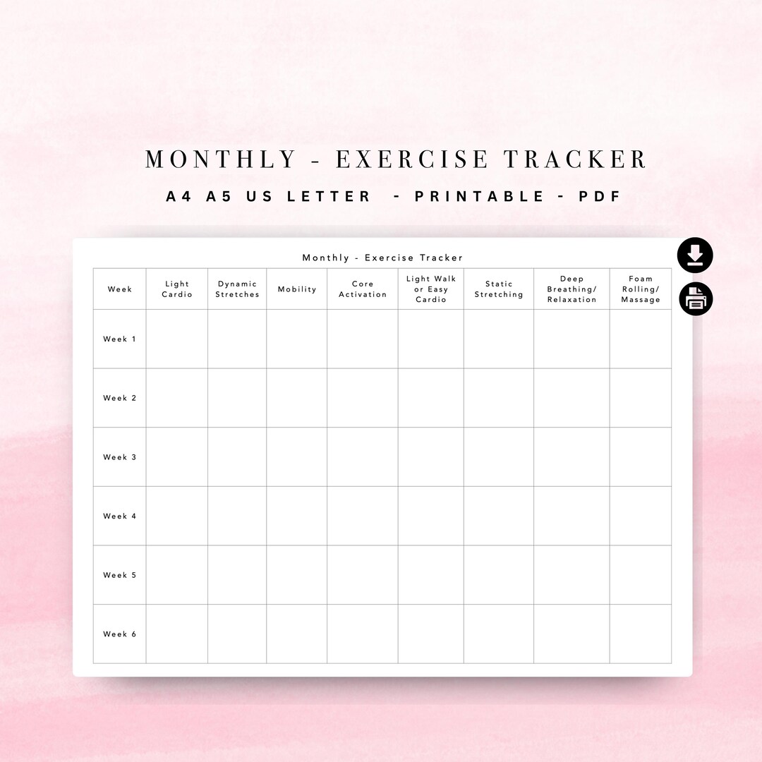 Monthly Exercise Tracker Printable Template, Health Workout and Fitness ...