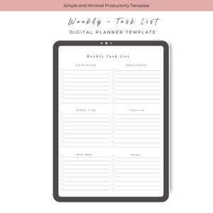 Op de afbeelding: Een digitale planner-sjabloon weergegeven op een tabletscherm met de tekst Simple and Minimal Productivity Template, Weekly - Task List en DIGITAL PLANNER TEMPLATE. De lay-out bevat secties voor Top Priorities, Appointments, Todays To Do, Tomorrow, Next Week en Notes met selectievakjes.