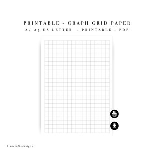 May include: A white sheet of graph grid paper with thin black lines, featuring the text PRINTABLE - GRAPH GRID PAPER A4 A5 US LETTER - PRINTABLE - PDF at the top, with printer and download icons on the right and Plancraftsdesigns at the bottom.
