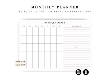 Modèle d'agenda mensuel - Calendrier de productivité minimaliste (A4, A5, lettre US) (téléchargement numérique)