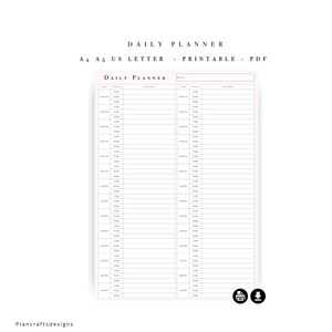 May include: A printable daily planner template in PDF format, featuring two columns with time slots, task lists, and schedule sections. The header reads Daily Planner and includes a date field. Text includes A4, A5, US Letter, and Plancraftsdesigns.
