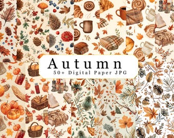 May include: A collection of digital paper patterns featuring autumn themes including pumpkins, pinecones, mushrooms, croissants, coffee mugs, plaid blankets, candles, and foliage. The central text reads Autumn 50+ Digital Paper JPG.